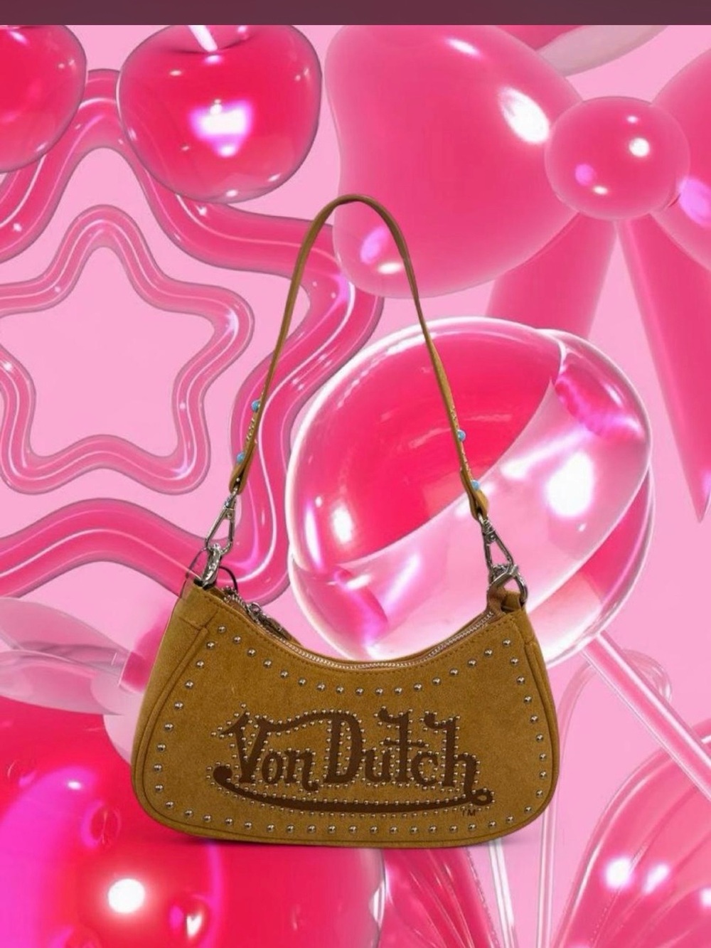 Von Dutch Tan Suede Shoulder Bag with Stud Embellishment